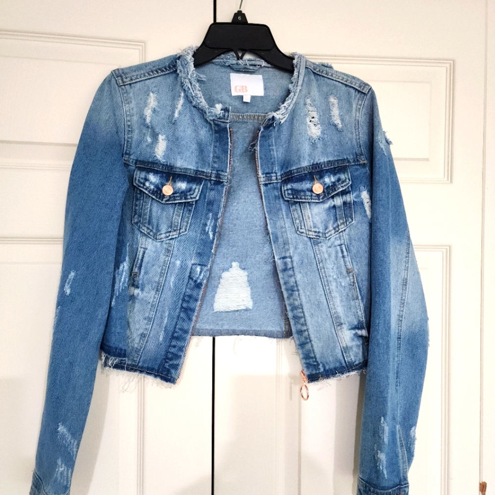 Crop Distressed Blue Denim Jacket